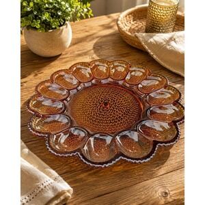 Vintage Indiana Glass Amber Deviled Egg Platter Vintage Hobnail Serving Ware